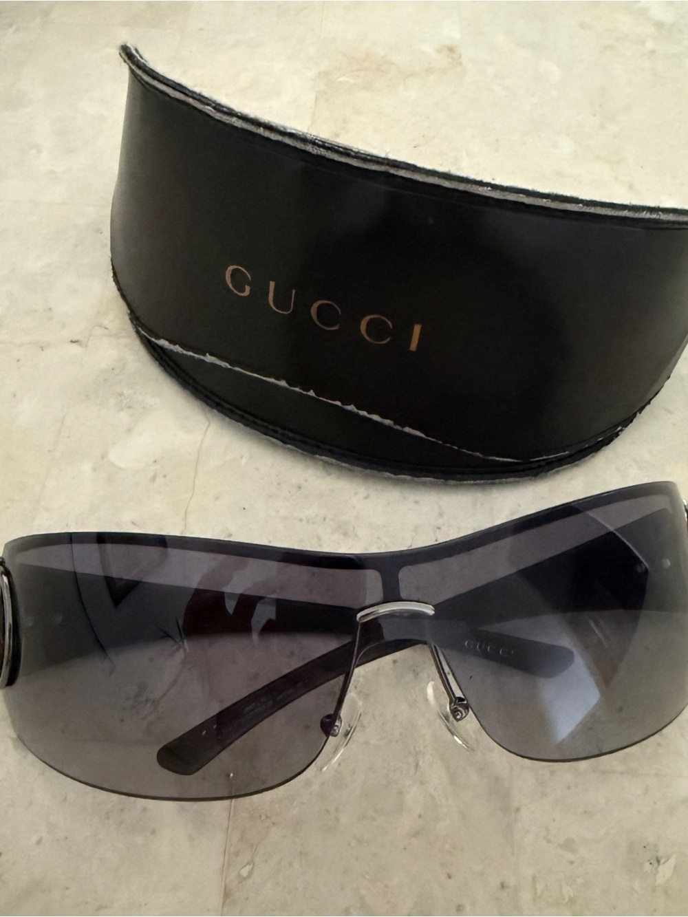 Gucci Y2K Shield Sunglasses Black Rhinestone Horsebit Wrap Visor